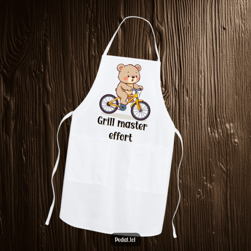 Funny bear pedaling a yellow bicycle uphill with effort, ready for kitchen duty on this humorous apron.