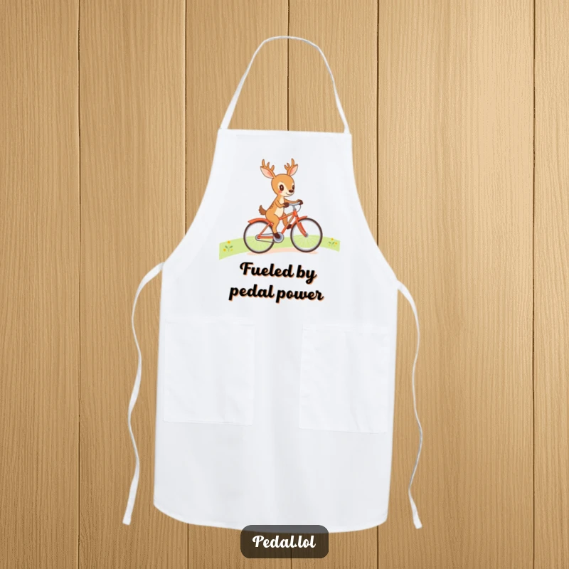 Funny deer cycling on an apron, a humorous kitchen accessory for cooking enthusiasts and cycling fans, perfect gift.
