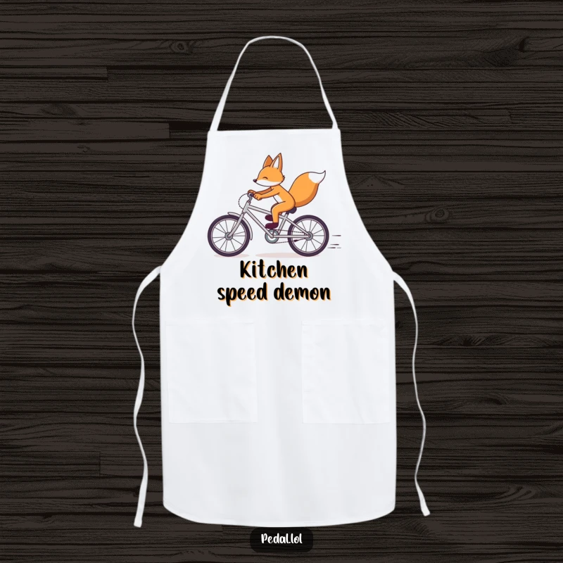 Funny Fox Bicycle Apron: A vibrant apron depicting a fox racing on a bike, perfect for a funny gift in the kitchen.
