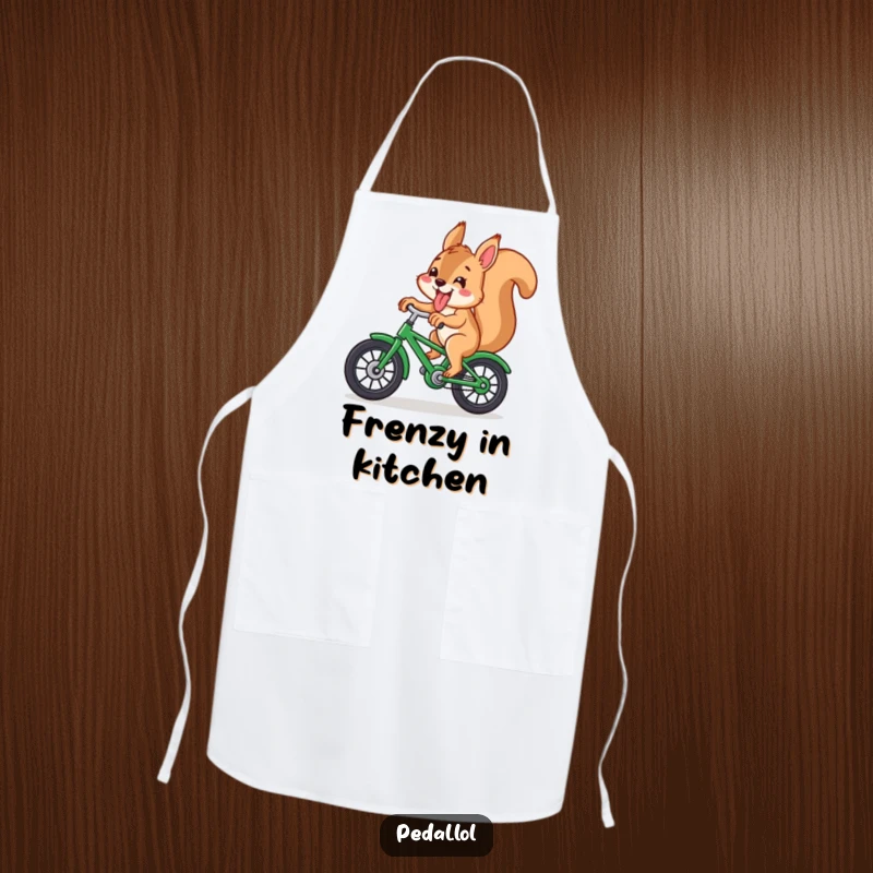 Funny squirrel with its tongue sticking out, riding a green bicycle, ready for kitchen duties on this humorous apron.