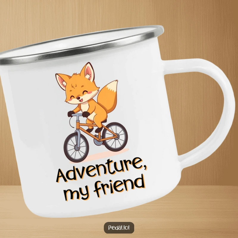 Funny Camping Mug: A playful fox cub balances with enthusiasm on a tiny bike, perfect for enjoying drinks outdoors.