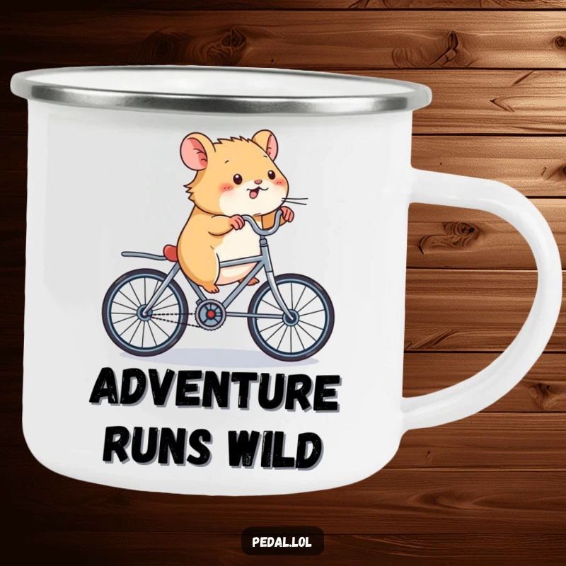 Funny Hamster Bicycle Camping Mug: A durable mug with a furiously cycling hamster design, perfect for outdoor adventures and a funny gift.