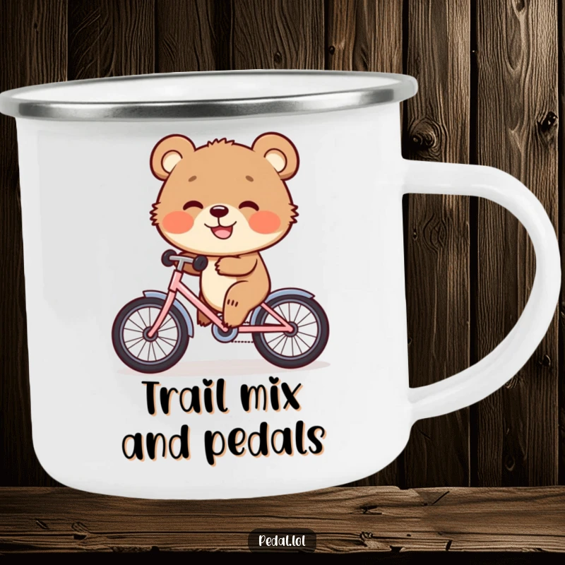 Funny Camping Mug: A happy bear cub grins while riding a tiny bike, perfect for enjoying drinks on the go.