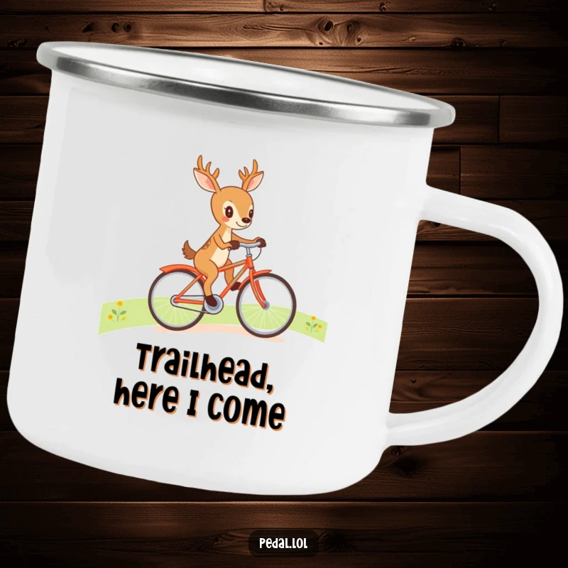 Durable funny deer bicycle camping mug, perfect for outdoor adventures and humorous gift-giving.