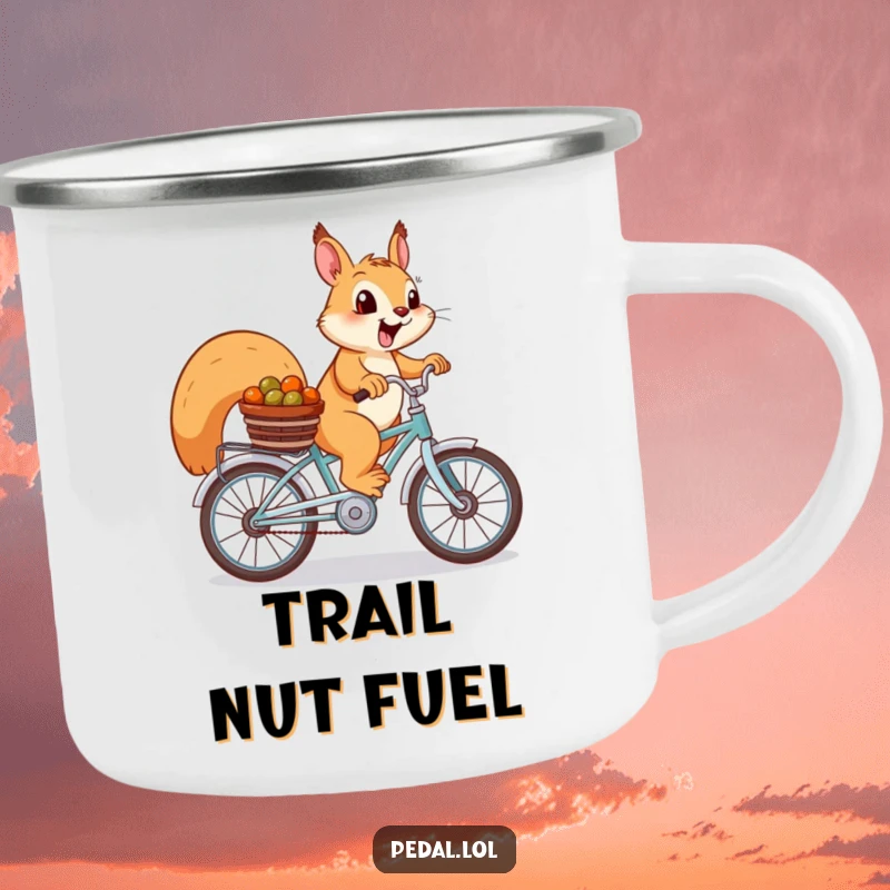 Funny Squirrel Camping Mug: A cheerful squirrel on a bike with nuts, perfect for outdoor drinks.