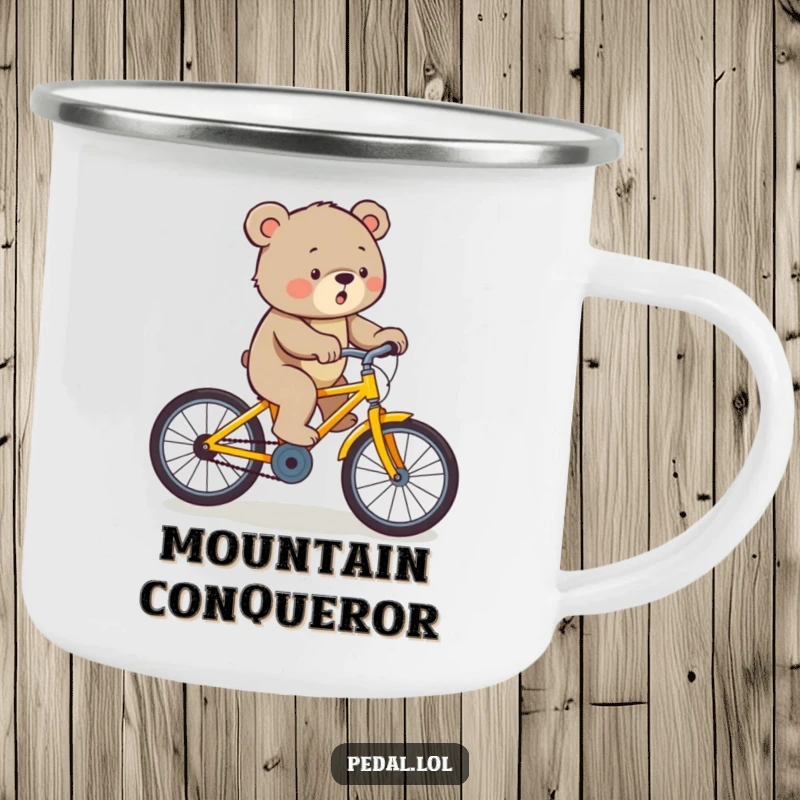 Funny bear pedaling a yellow bicycle uphill with effort, on a sturdy and humorous camping mug.