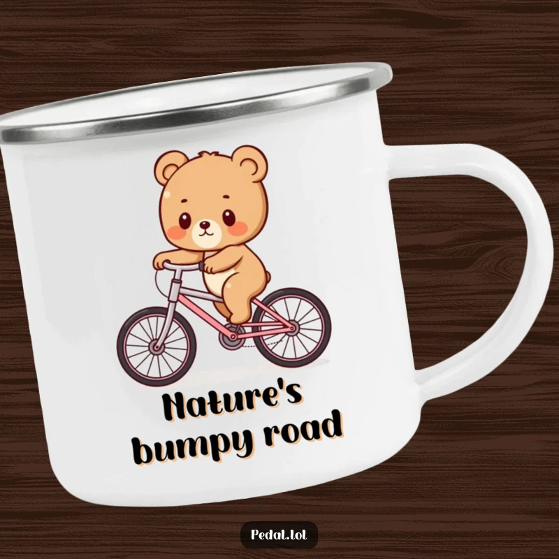Funny Bear Cub Wobble Camping Mug: A sturdy mug with a wobbly bear cub cycling design, ready for outdoor fun, a funny gift.
