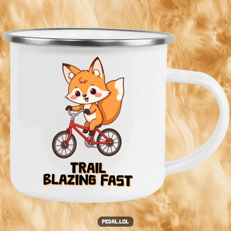 Funny fox with a determined expression riding a red bicycle, on a sturdy and humorous camping mug.