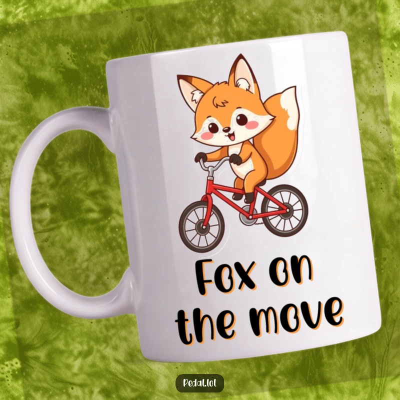 Funny fox riding a red bicycle with a determined expression, perfect for your morning coffee.