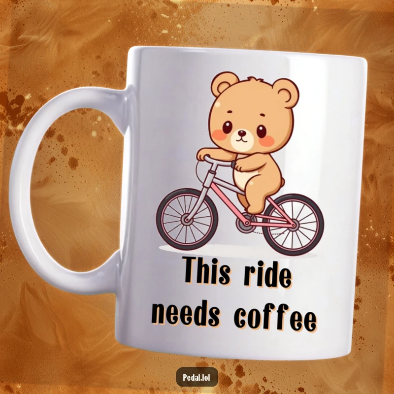 Funny Bear Cub Bicycle Wobble Mug: A cute bear cub struggling to balance on a bike, showcasing adorable clumsiness, a funny gift.