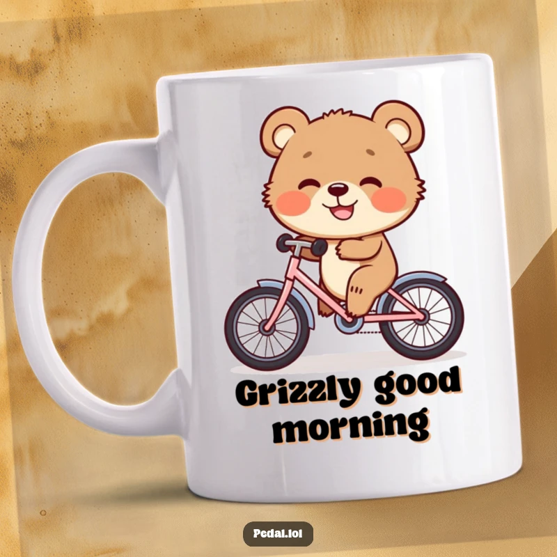 Funny Mug: A happy bear cub pedals a tiny bicycle with immense joy, sporting a big, infectious grin.