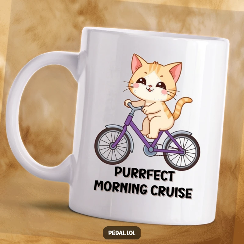 Funny cat happily riding a purple bicycle, looking around with curiosity, perfect for your morning coffee.