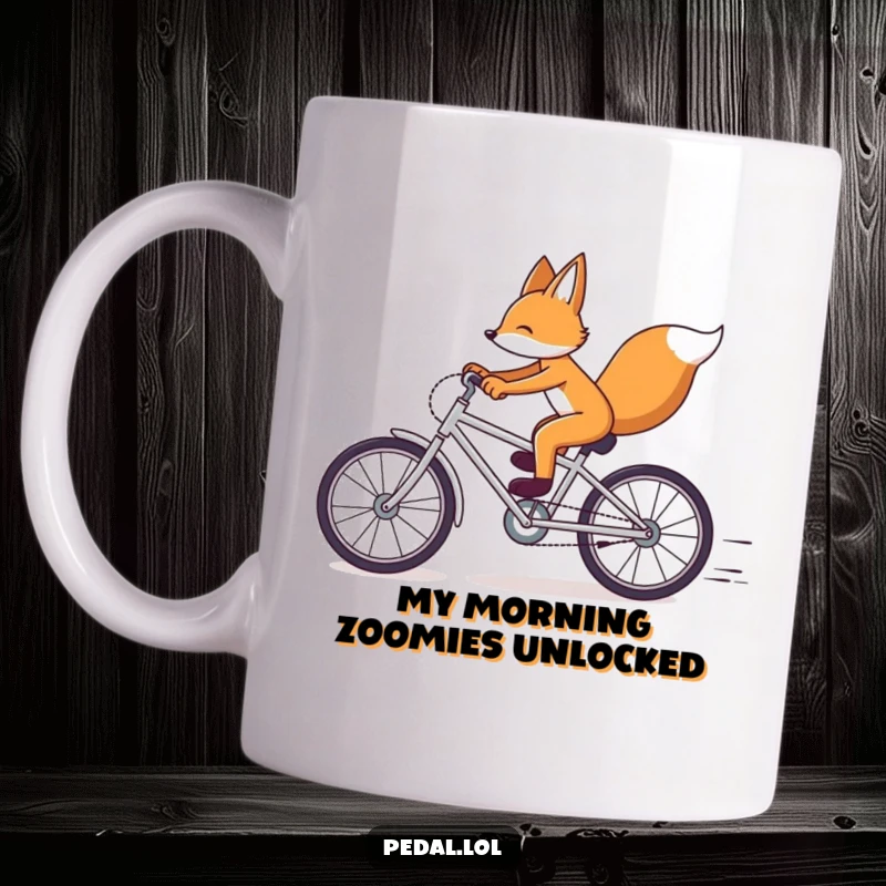 Funny Fox Bicycle Mug: A swift fox in full race mode on a bike, embodying speed and playful mischief, a hilarious gift idea.
