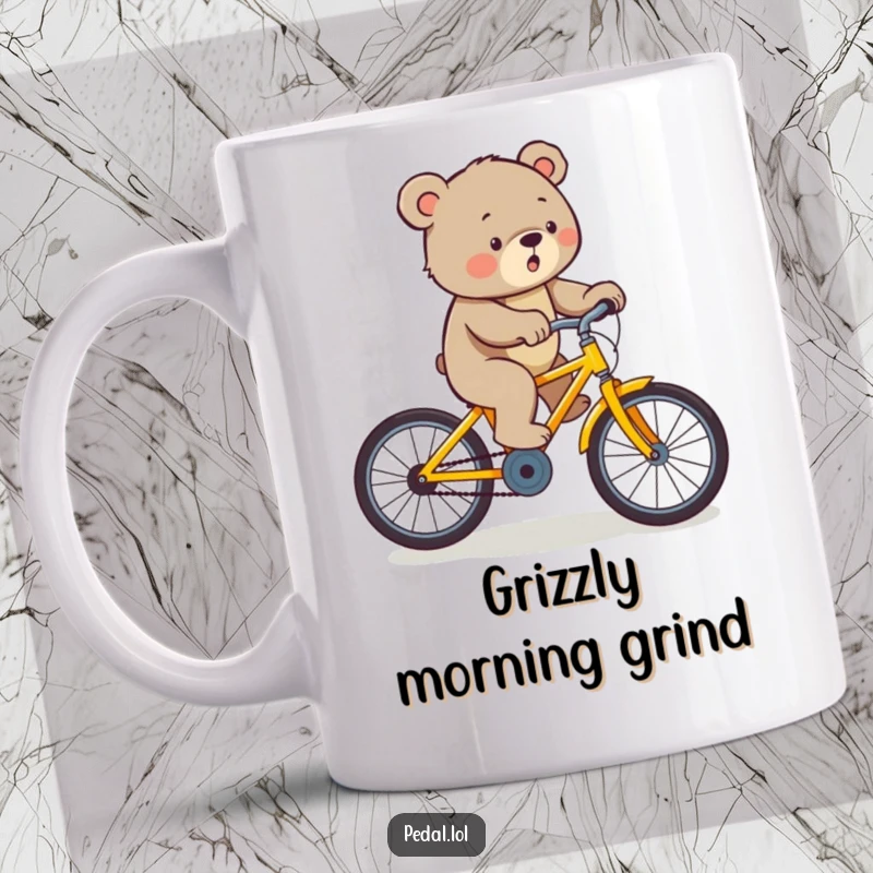 Funny bear straining to pedal a yellow bicycle uphill, representing effort and determination, perfect for coffee drinkers.