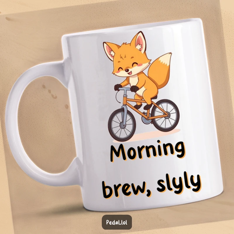 Funny Mug: A playful fox cub enthusiastically balances on a bicycle, showcasing agility and a mischievous spirit.