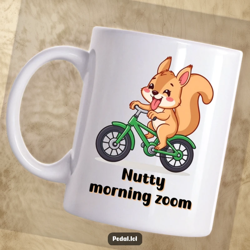 Funny squirrel with its tongue sticking out, joyfully riding a green bicycle, perfect for your morning coffee.