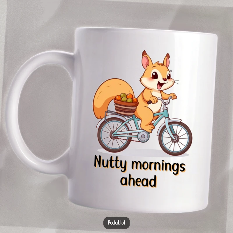 Funny Squirrel Mug: A cheerful squirrel pedals a bike with a basket of nuts, symbolizing nature's joy.