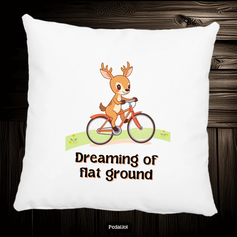 A plush pillow featuring a funny deer enthusiastically riding a bicycle uphill, bringing a humorous touch to home decor.
