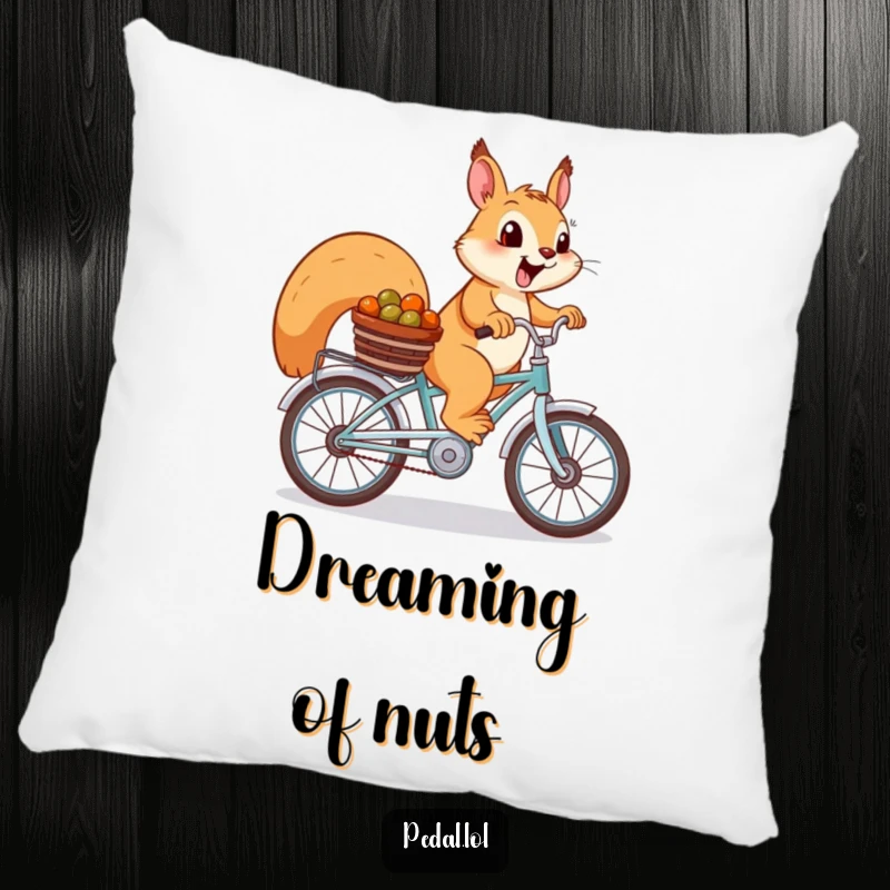 Funny Squirrel Pillow: A cheerful squirrel riding a bike with nuts, offering soft comfort and woodland humor.