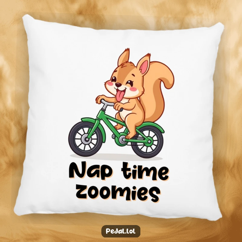 Funny squirrel with its tongue sticking out, cycling a green bicycle, printed on a soft and humorous decorative pillow.