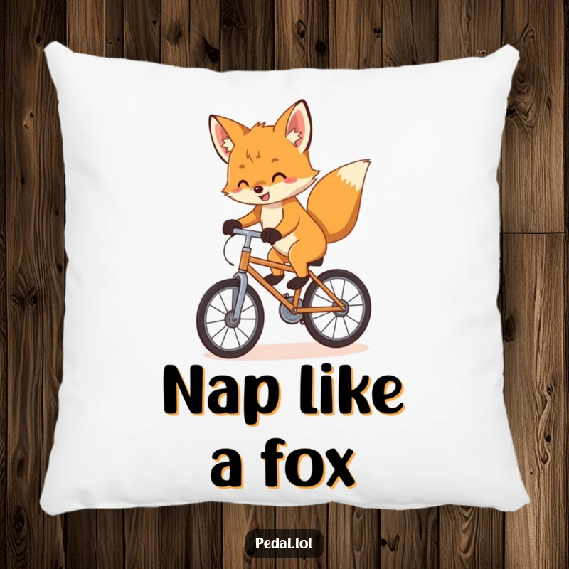 Funny Pillow: A playful fox cub balances with enthusiasm on a bike, offering comforting softness and charming, witty vibes.