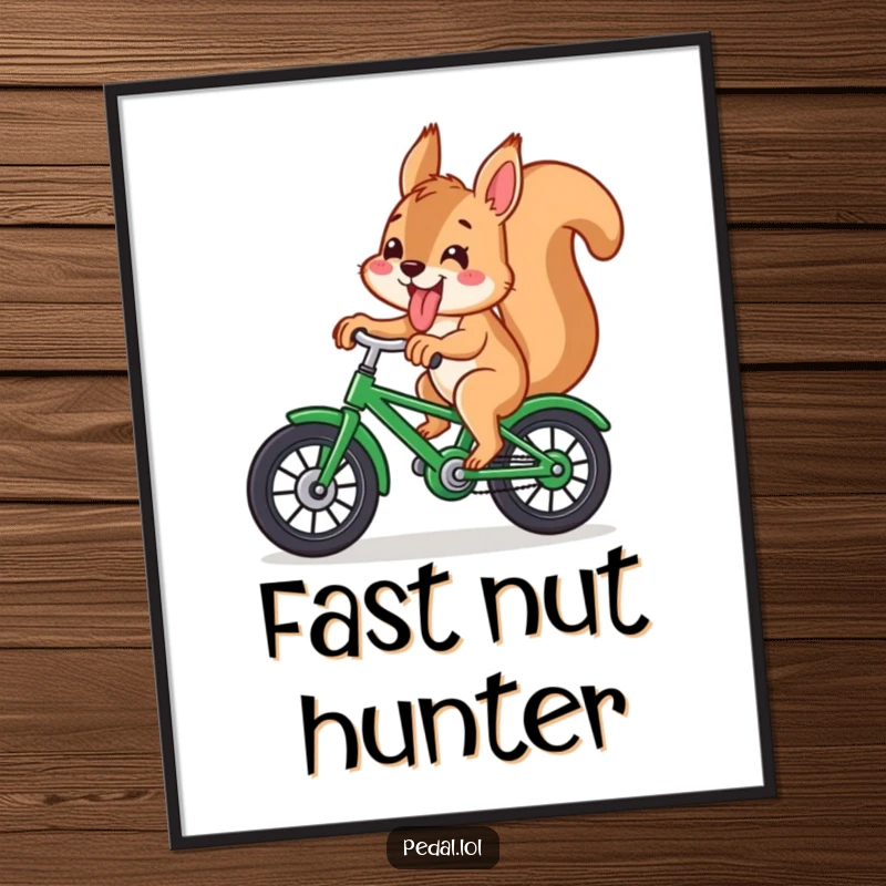 Funny squirrel with its tongue sticking out, riding a green bicycle, a whimsical and humorous printable digital art piece.