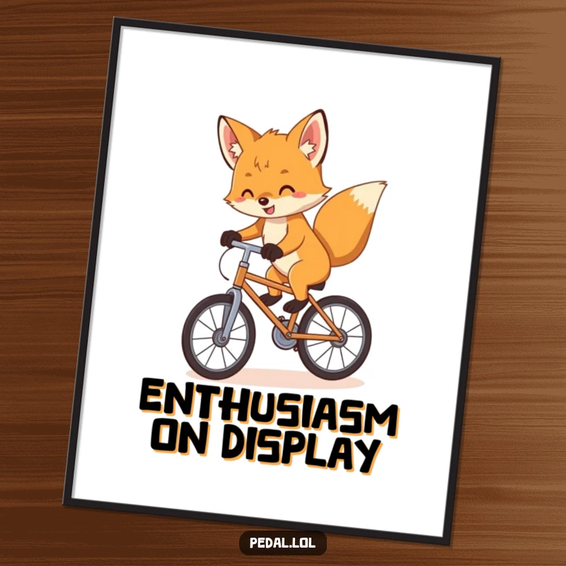 Funny Digital Art Print: A playful fox cub balances with infectious enthusiasm on a bike, perfect for framing and adding whimsical decor.