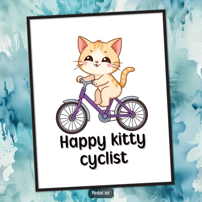 Funny cat happily riding a purple bicycle, looking around with curiosity, a humorous and cheerful printable digital art piece.