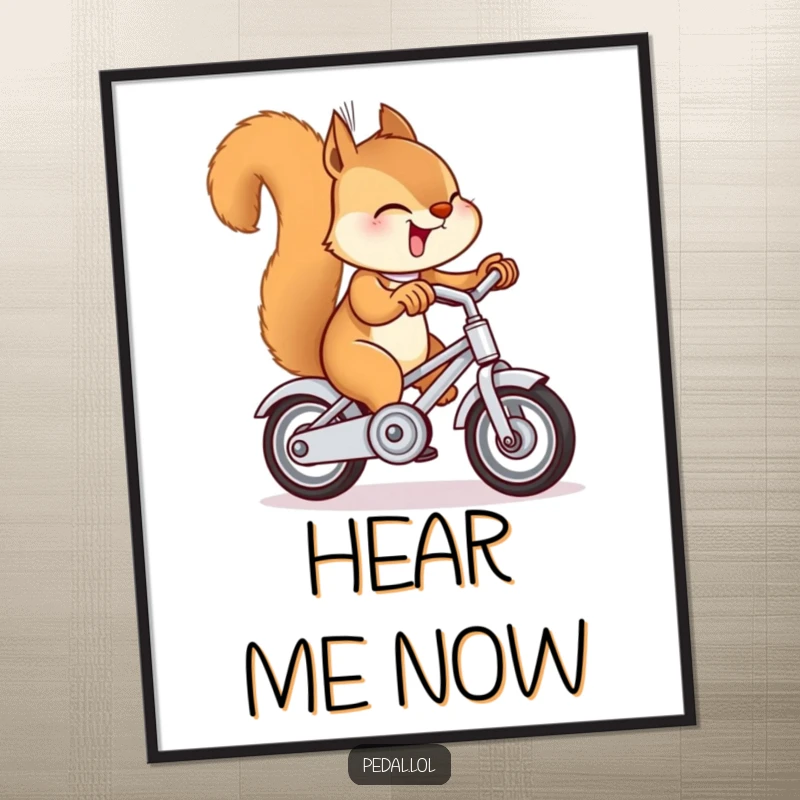 Funny giggling squirrel ringing a tiny bike bell, a humorous digital art print for wall decor, a delightful gift.