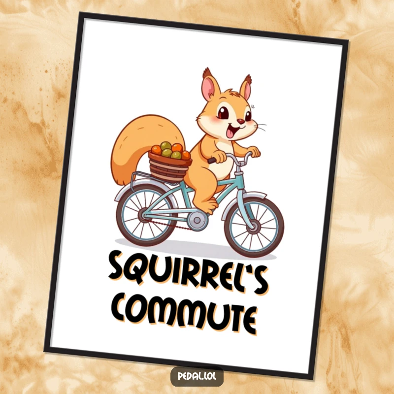 Funny Squirrel Digital Art: A cheerful squirrel on a bike with nuts, a charming and humorous printable artwork.