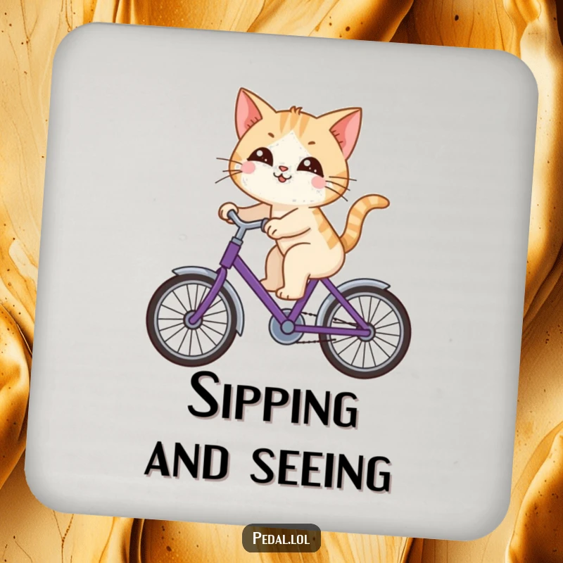 Funny cat happily riding a purple bicycle, looking around with curiosity, on a protective and humorous drink coaster.