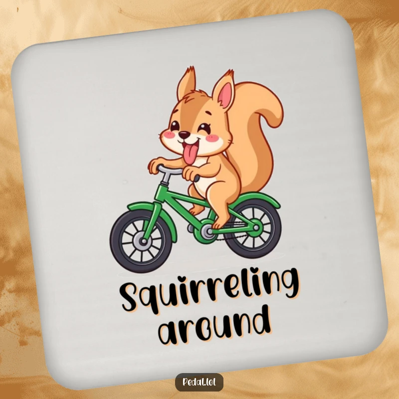 Funny squirrel with its tongue sticking out, riding a green bicycle, on a protective and humorous drink coaster.