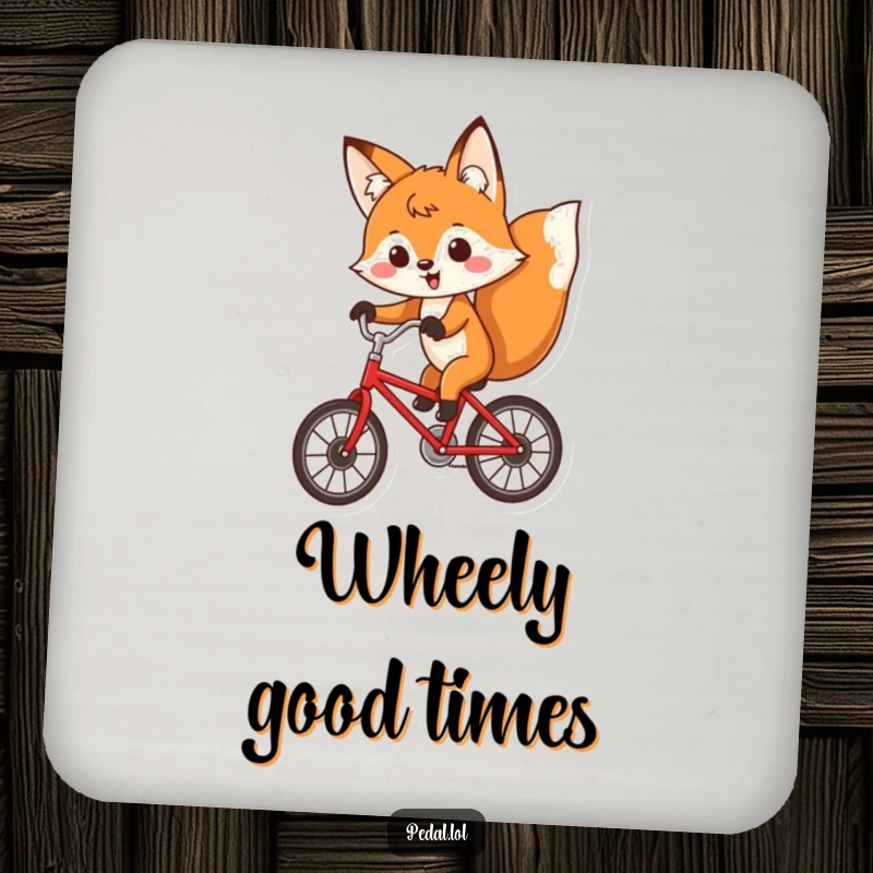 Funny fox with a determined expression riding a red bicycle, on a protective and humorous drink coaster.