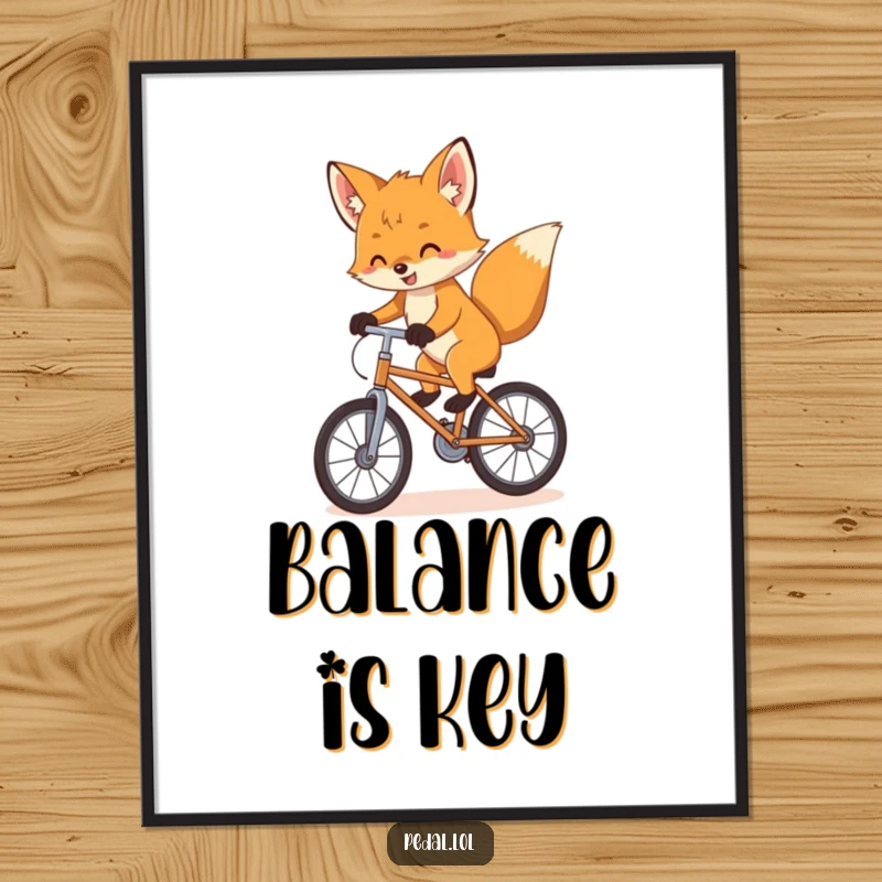 Funny Poster: A playful fox cub balances with infectious enthusiasm on a bike, embodying a spirit of fun and adventure.