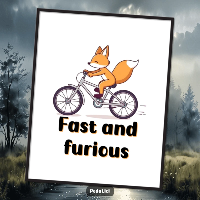 Funny Fox Bicycle Race Poster: A dynamic artwork of a fox pedaling furiously on a bike, capturing motion and humor for wall decor, a funny gift.