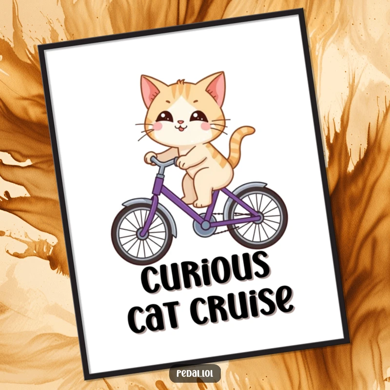 Funny cat happily riding a purple bicycle, looking around with curiosity, featured on this whimsical and humorous poster.