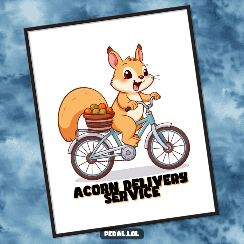 Funny Squirrel Poster: A cheerful squirrel on a bike with nuts, bringing whimsical outdoor charm.