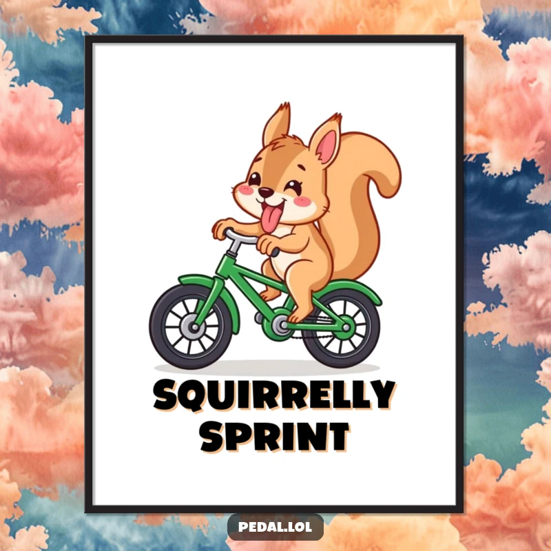 Funny squirrel with its tongue sticking out, joyfully riding a green bicycle, featured on this whimsical and humorous poster.