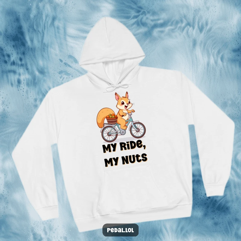 Funny Squirrel Hoodie: A cheerful squirrel on a bike with nuts, offering cozy comfort and woodland humor.