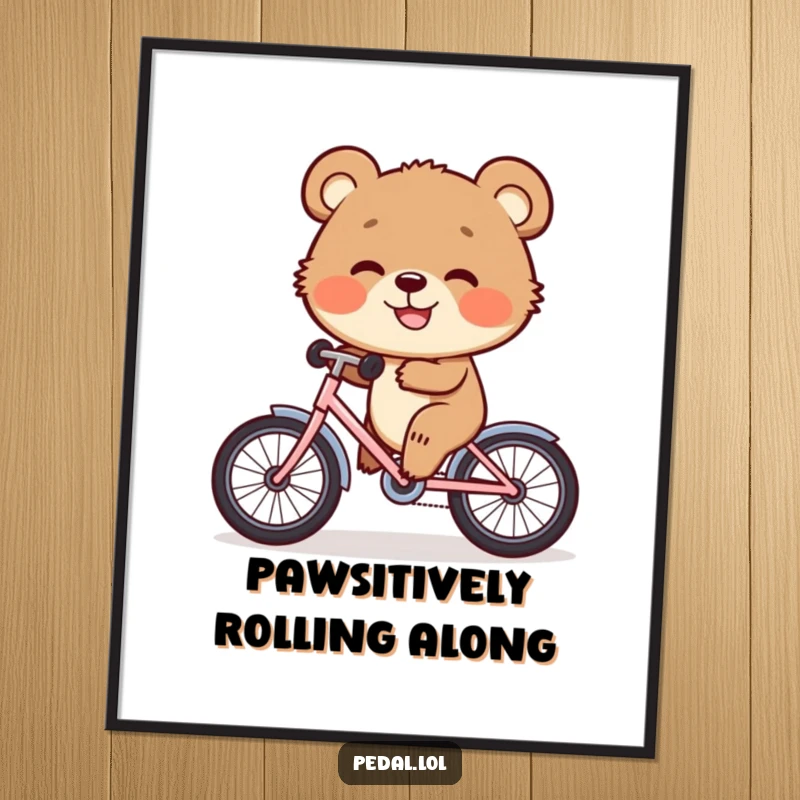 Funny Free Printable Bear Wall Art: A happy bear cub cycling a tiny bicycle with a huge grin, radiating joy.