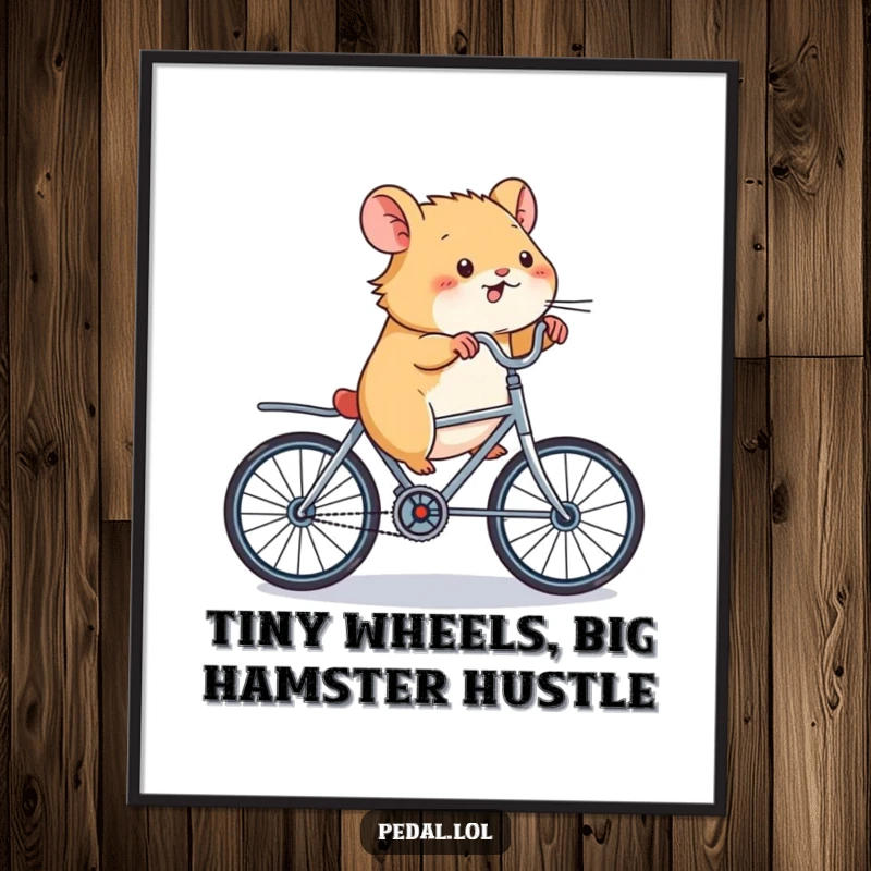 Funny free printable wall art of an energetic hamster furiously pedaling a tiny bicycle with intense, comical speed.
