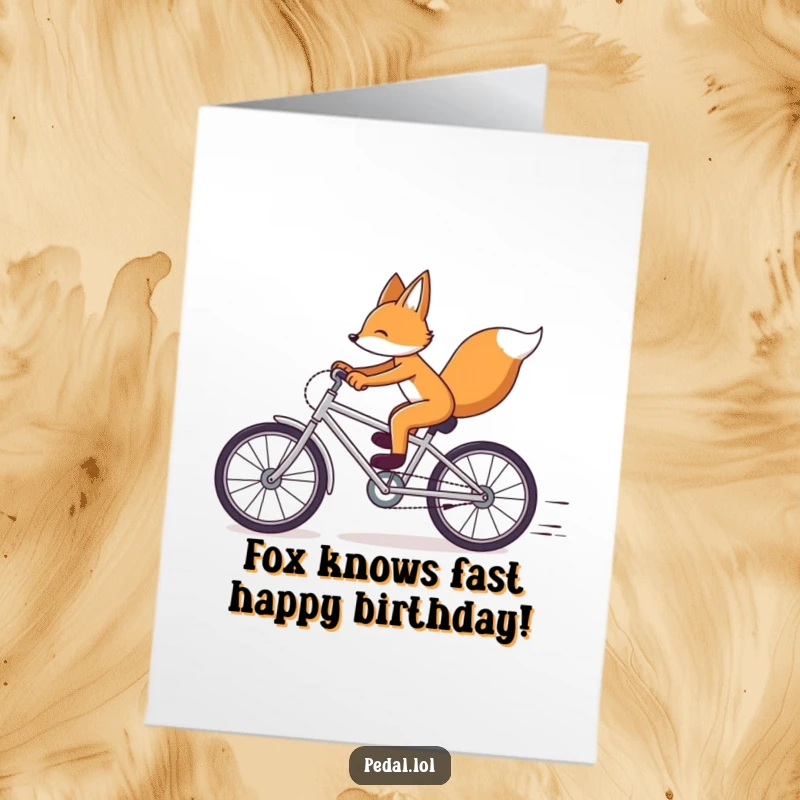 Funny free printable birthday card featuring a fox comically racing a bicycle at top speed, looking determined.