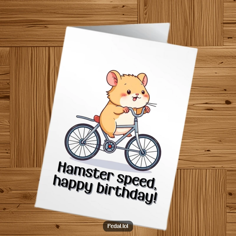 Funny free printable birthday card featuring an energetic hamster pedaling a tiny bicycle with extreme, comical speed.