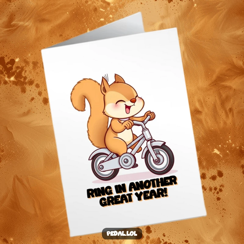 Funny Free Printable Birthday Card: A joyful squirrel gleefully rings the bell on its tiny bicycle, spreading birthday cheer.