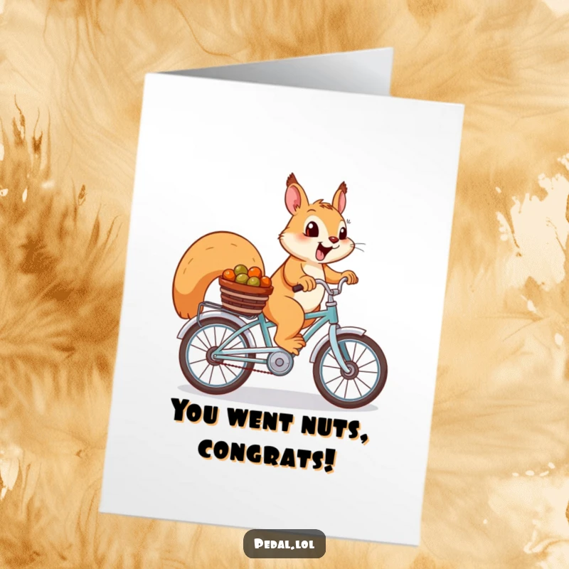 Funny Free Printable Congratulations Card: A cheerful squirrel on a bike, basket full of nuts, congratulates your success.