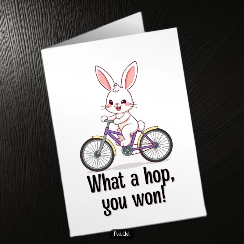 Funny Free Printable Congratulations Card: A determined bunny on a colorful bike grins, celebrating their triumph.