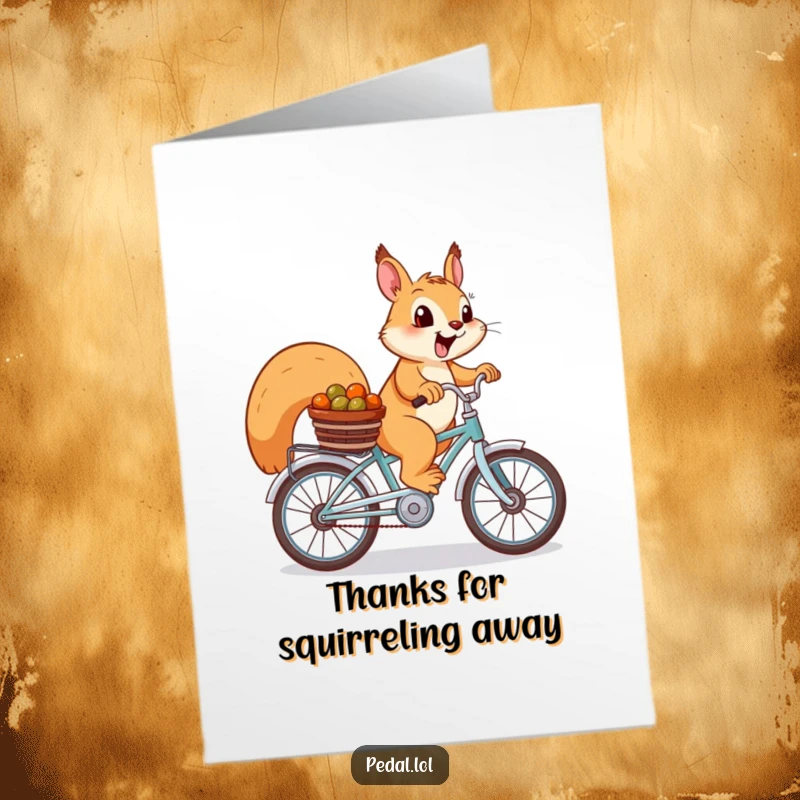 Funny Free Printable Thank You Card: A cheerful squirrel on a bicycle with a nut basket offers heartfelt thanks.