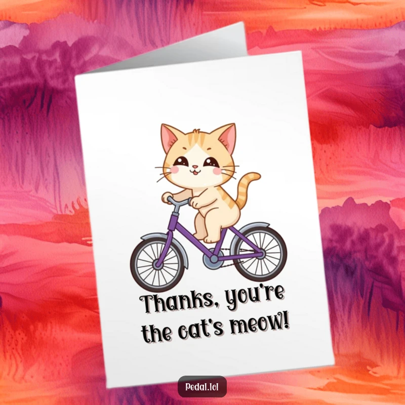 Funny Free Printable Thank You Card: Curious cat happily riding a purple bicycle, looking around.