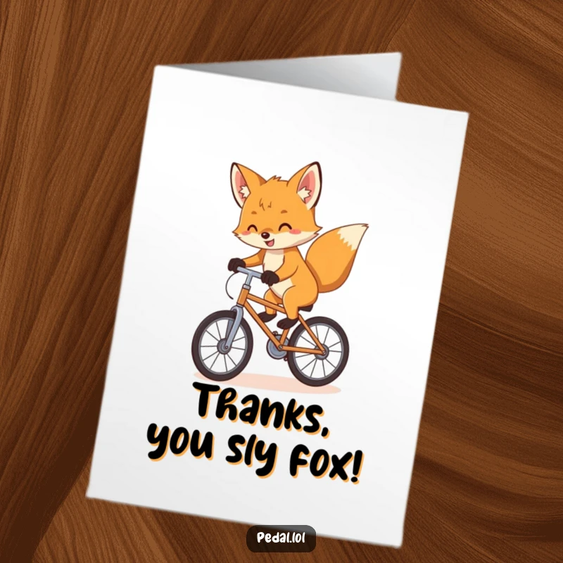 Funny Free Printable Fox Thank You Card: A playful fox cub balancing with enthusiasm on a bike, expressing gratitude.