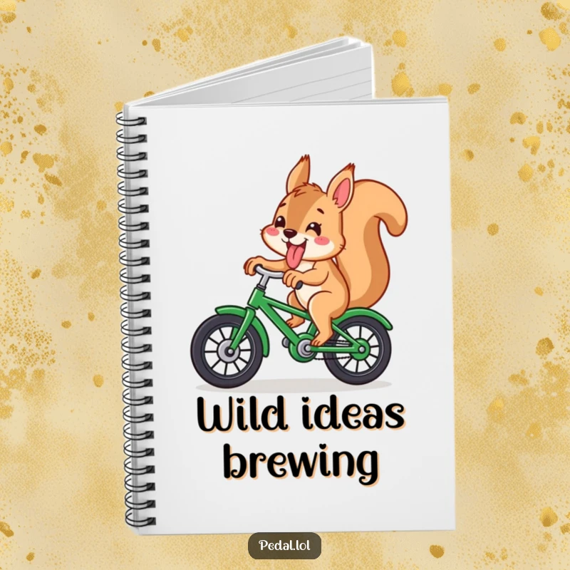 Funny squirrel with its tongue sticking out, riding a green bicycle, inspiring creativity in this humorous notebook.